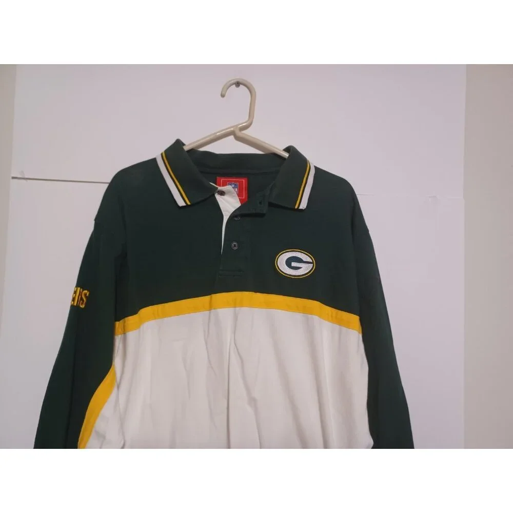 Vintage NFL Green Bay Packers Long Sleeve Polo  3 Button Up White Green Large L - Picture 2 of 6